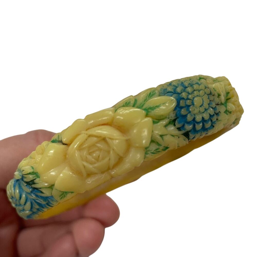 Vintage Carved Painted Celluliod Floral Bangle Art Deco Bracelet Estate Jewelry